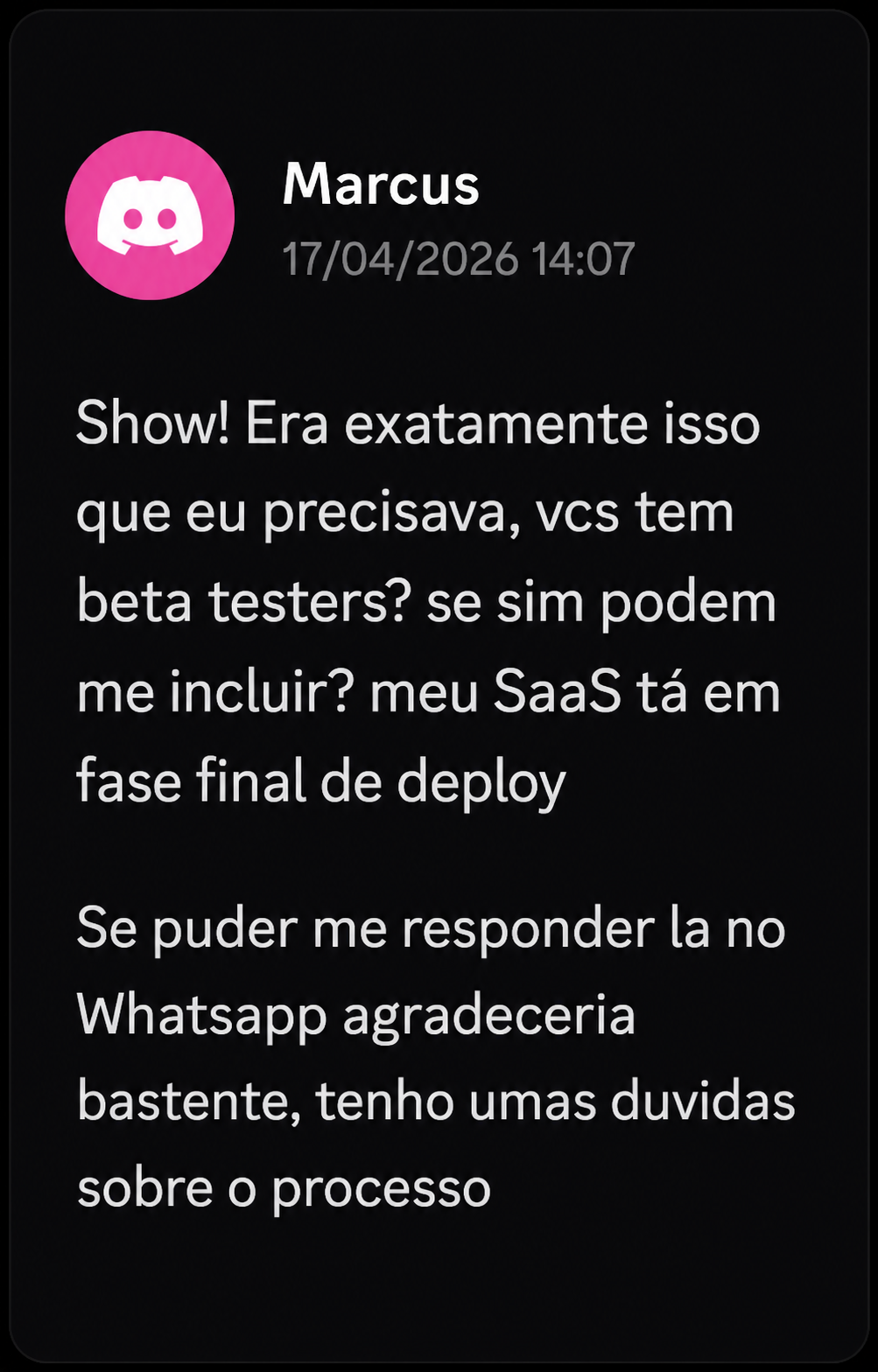 Mensagem de Marcus demonstrando interesse em testar o HookCloud Flow